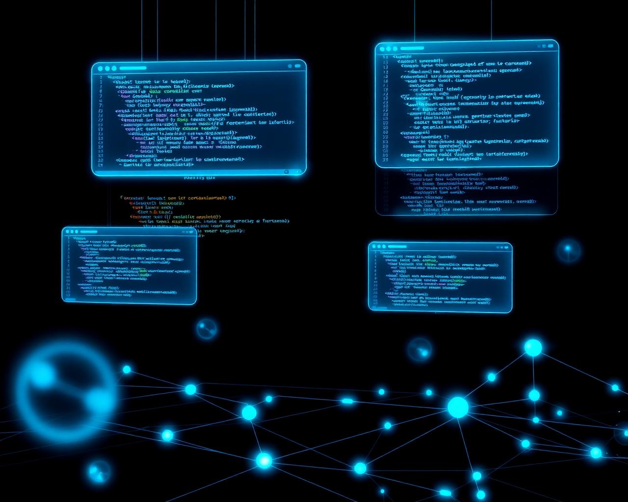 Paneles de código y red de datos con estética tecnológica